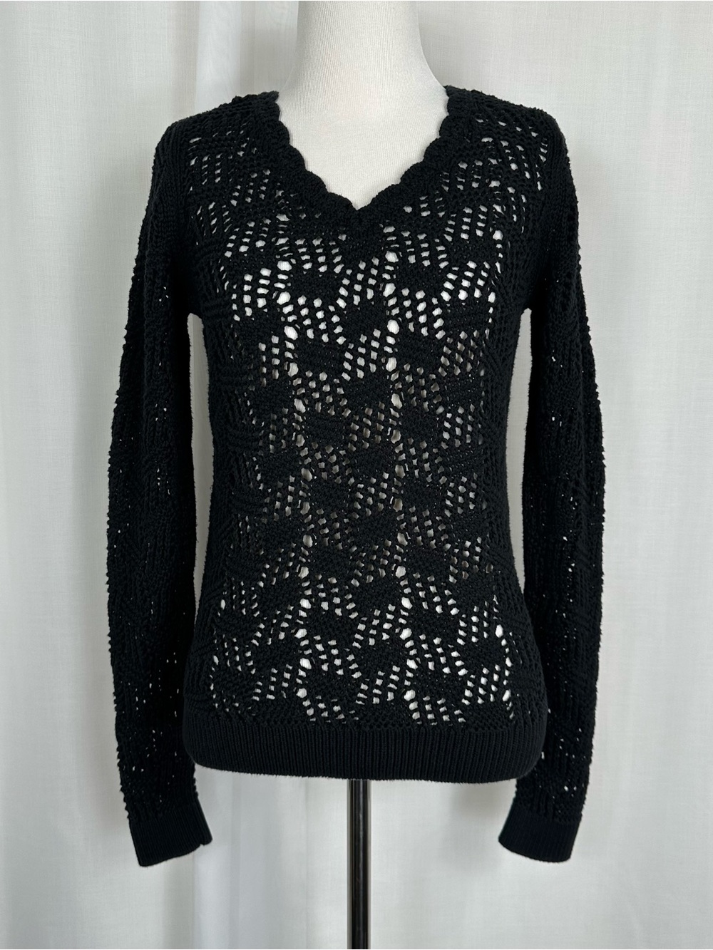 Loft Ann Taylor Black Crochet Open Knit V Neck Sweater Boho Pullover Festival XS